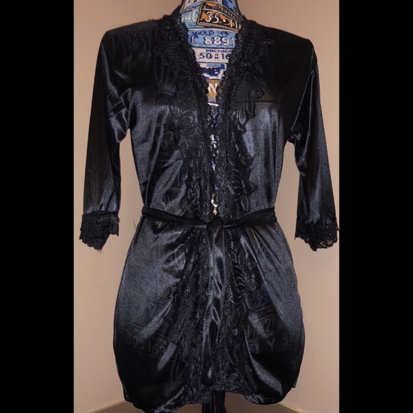 Black Satin & Lace Robe w/ Matching G String NWT - Picture 3 of 10